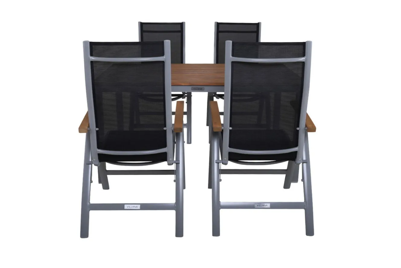 VILLANA Garten-Essgruppe, silber/schwarz, Alu / Akazie, Gartentisch 150 x 90 cm, 4 Klappstühle, FSC®-zertifiziertes Produkt