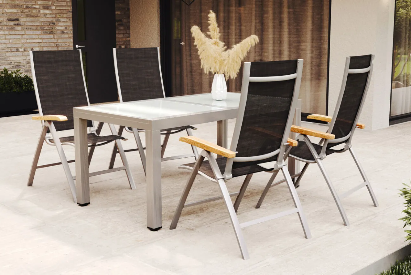 VILLANA Garten-Essgruppe, weiß/silber, Aluminium/Sicherheitsglas, Ausziehtisch 160/220 x 90 cm, 4 Klappstühle, FSC®-zertifiziertes Produkt