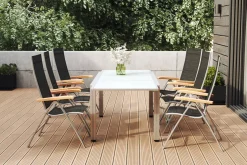 VILLANA Garten-Essgruppe, weiß/silber, Aluminium/Sicherheitsglas, Ausziehtisch 160/220 x 90 cm, 6 Klappstühle, FSC®-zertifiziertes Produkt