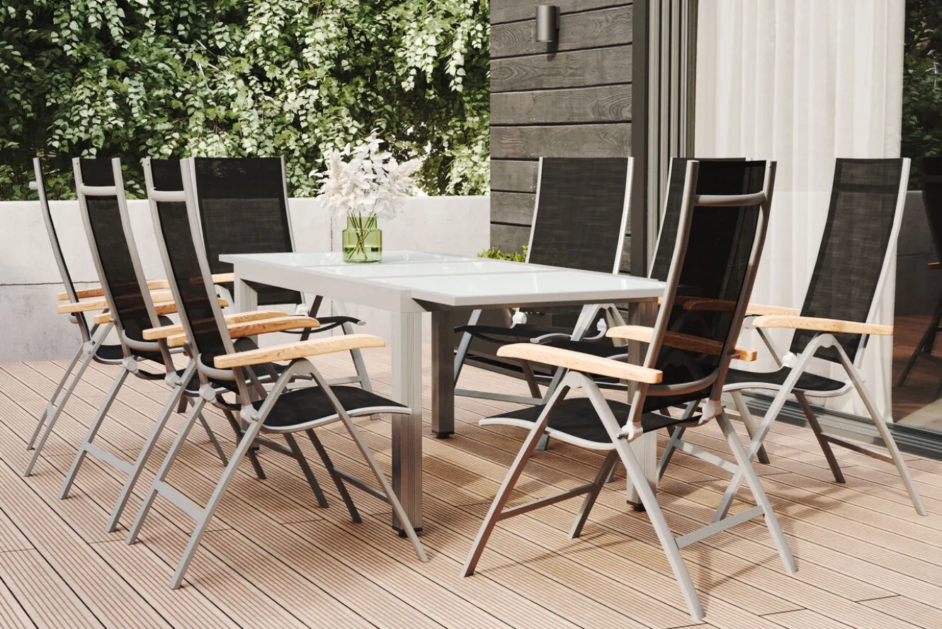 VILLANA Garten-Essgruppe, weiß/silber, Aluminium/Sicherheitsglas, Ausziehtisch 160/220 x 90 cm, 8 Klappstühle, FSC®-zertifiziertes Produkt