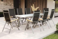 VILLANA Garten-Essgruppe, weiß/silber, Aluminium/Sicherheitsglas, Ausziehtisch 160/220 x 90 cm, 8 Klappstühle, FSC®-zertifiziertes Produkt