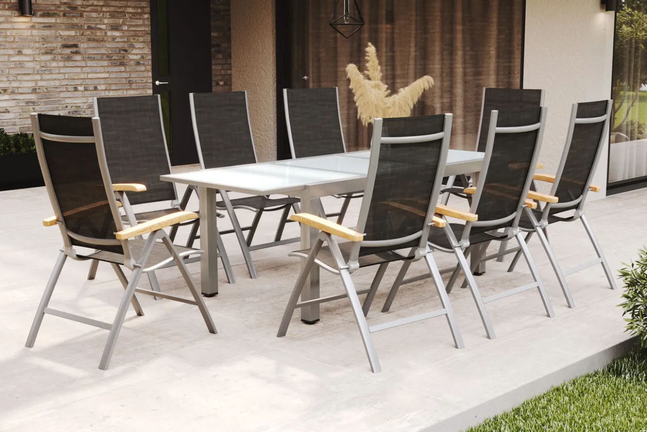 VILLANA Garten-Essgruppe, weiß/silber, Aluminium/Sicherheitsglas, Ausziehtisch 160/220 x 90 cm, 8 Klappstühle, FSC®-zertifiziertes Produkt