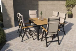 VILLANA Lagos Garten-Essgruppe, schwarz/dunkelgrau, Alu/Eukalyptus/Textilene, 150/200 x 90 cm, ausziehbar, klappbar, witterungsbeständig, FSC®-zertifiziertes Produkt