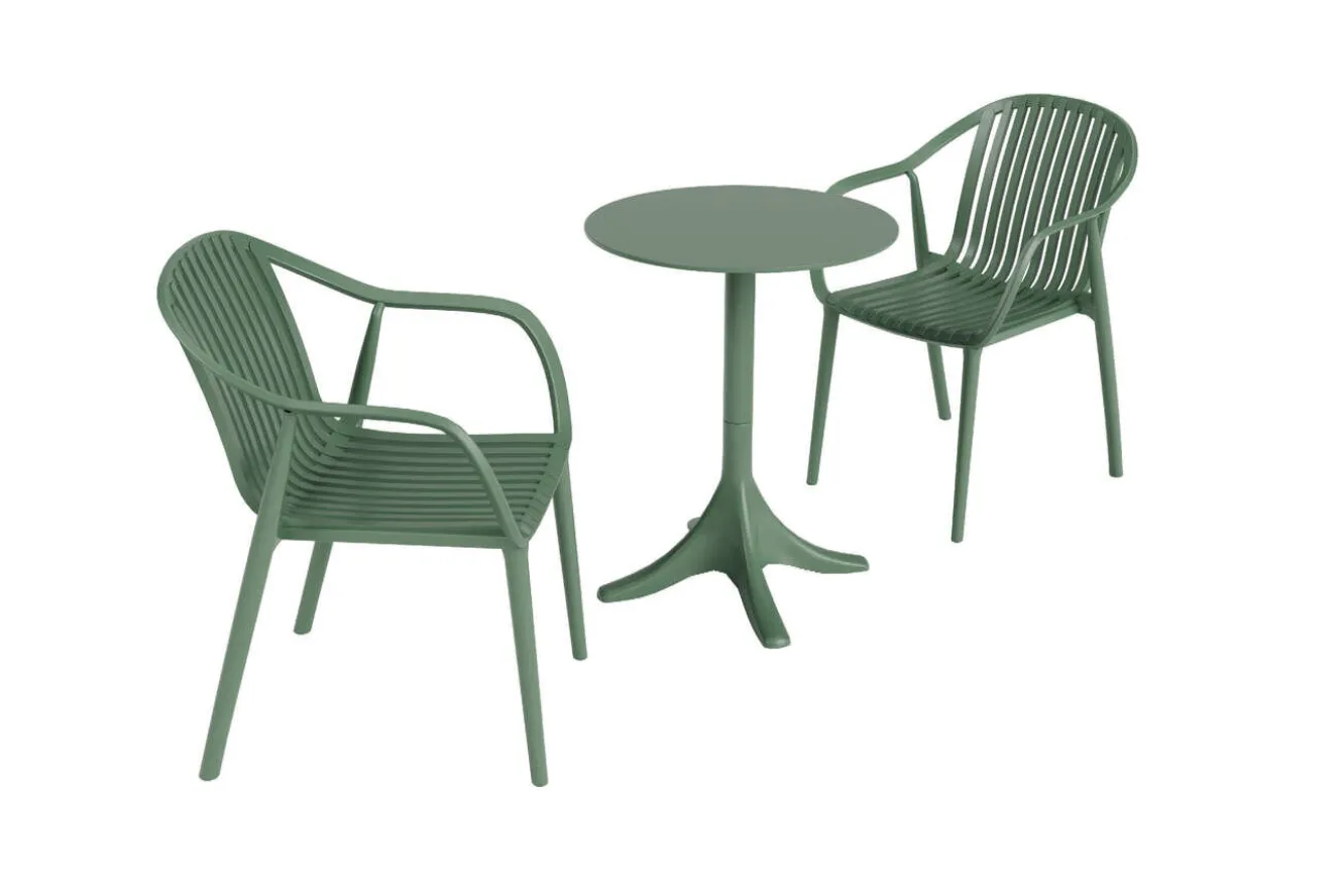 VILLANA Pico Curve Balkon-Set, pestogrün, Kunststoff, Tisch Ø 70 cm und 2 Stapelsessel, UV- und wetterfest
