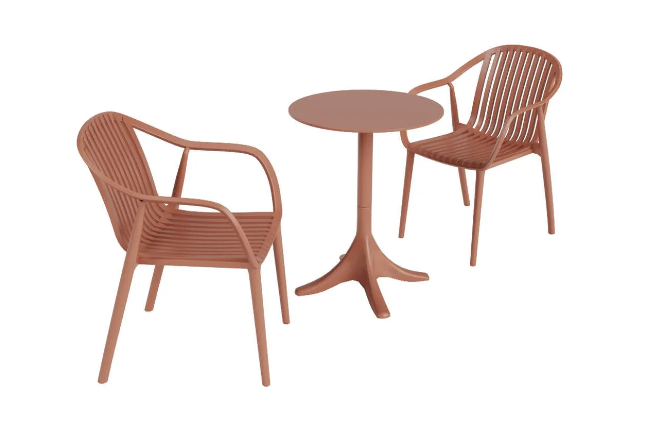 VILLANA Pico Curve Balkon-Set, ziegelrot, Kunststoff, Tisch Ø 70 cm und 2 Stapelsessel, UV- und wetterfest
