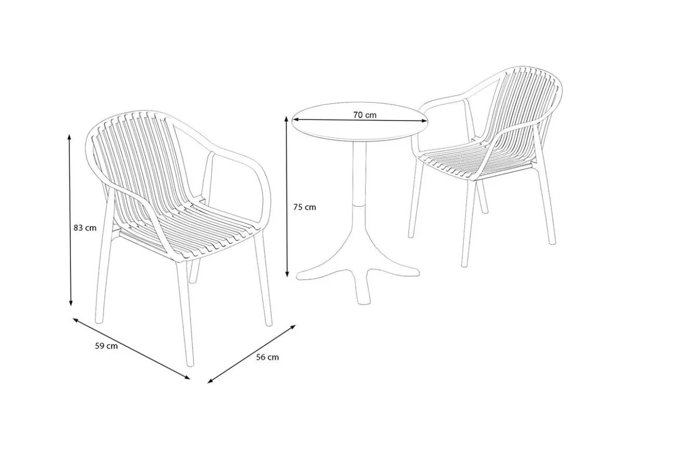 VILLANA Pico Curve Balkon-Set, grau, Kunststoff, Tisch Ø 70 cm und 2 Stapelsessel, UV- und wetterfest