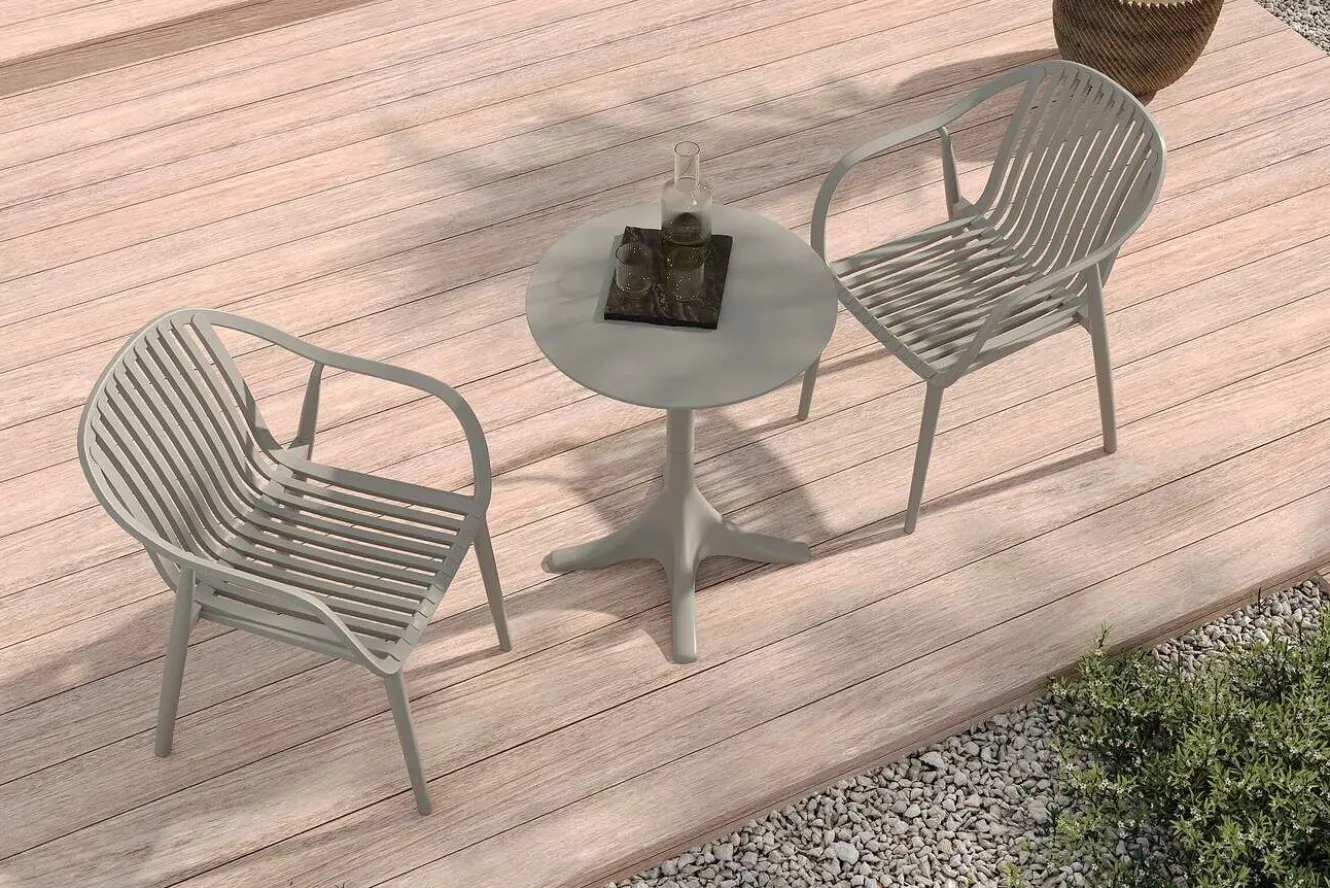 VILLANA Pico Curve Balkon-Set, grau, Kunststoff, Tisch Ø 70 cm und 2 Stapelsessel, UV- und wetterfest