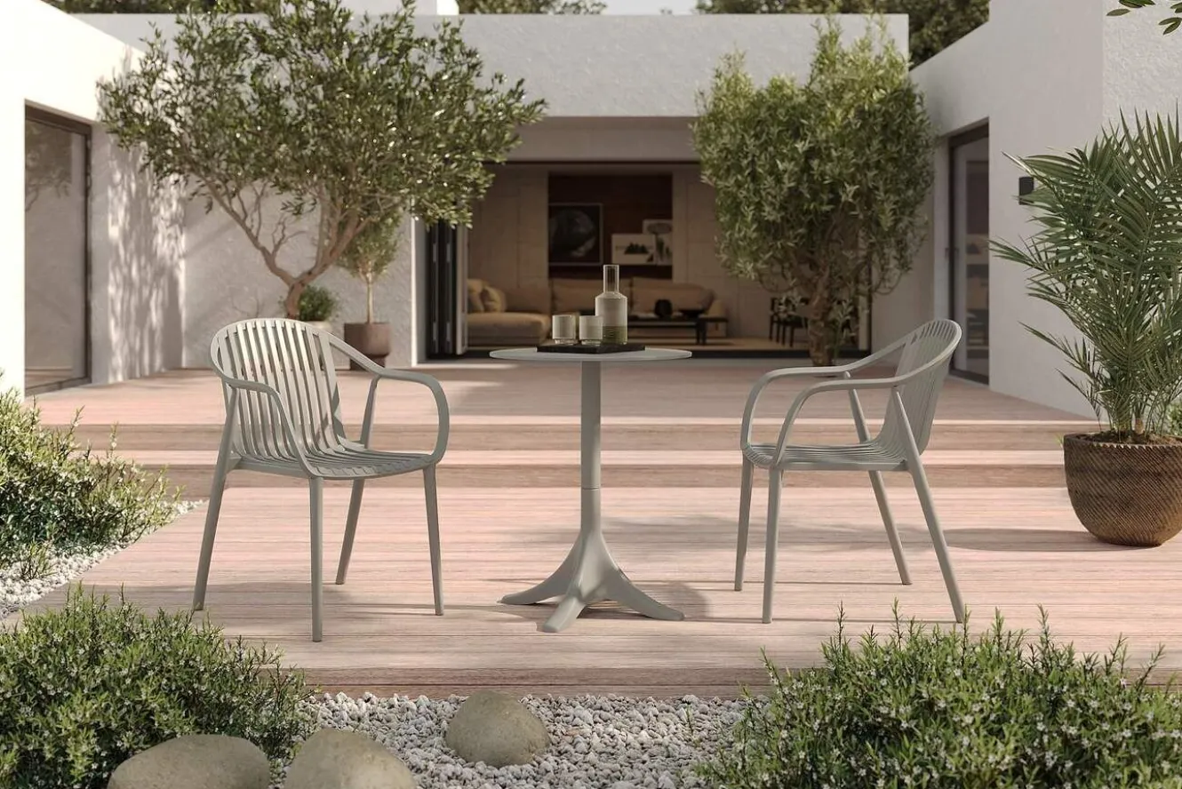 VILLANA Pico Curve Balkon-Set, grau, Kunststoff, Tisch Ø 70 cm und 2 Stapelsessel, UV- und wetterfest