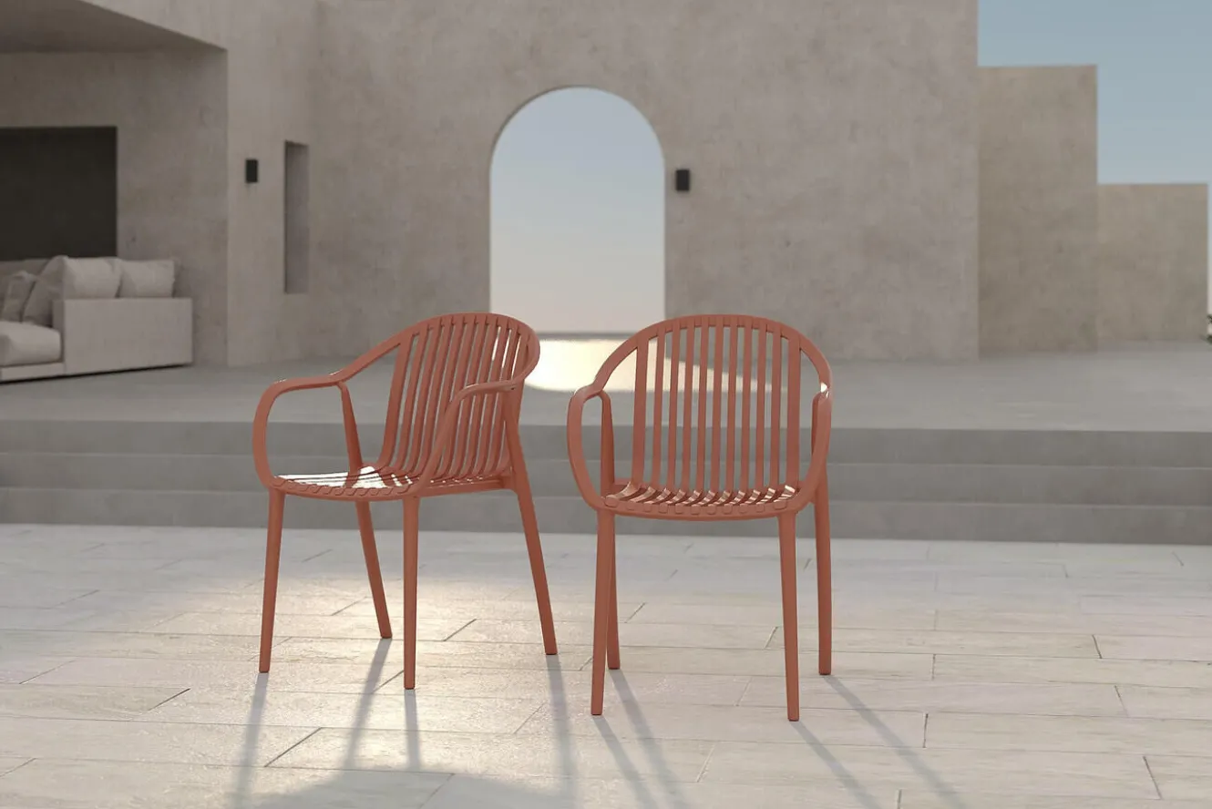 VILLANA Pico Curve Stapelsessel 2er-Set, ziegelrot, Kunststoff, 56,5 x 59,5 x 83 cm, stapelbar, UV-beständig