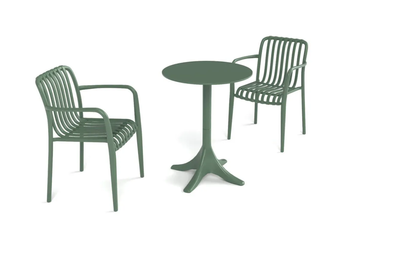 VILLANA Pico Soft Balkon-Set, pestogrün, Kunststoff, Tisch Ø 70 cm und 2 Stapelsessel, UV-beständig, wetterfest