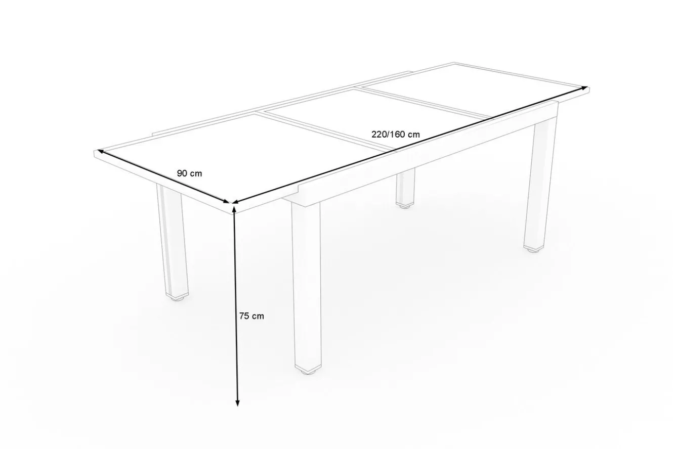VILLANA Sylvania Ausziehtisch, anthrazit/weiß, Aluminium/Sicherheitsglas, 160/220 x 90 cm, Pulverbeschichtet, UV-Beständig, Mit Fußkappen