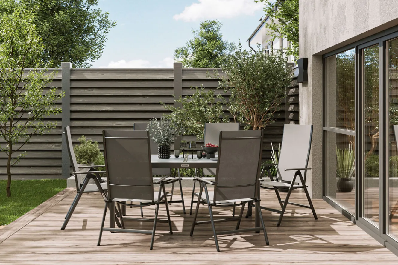 Villana Sylvania Garten-Essgruppe, 6 Personen, ausziehbarer Tisch 160–220 cm, Aluminium/Textil
