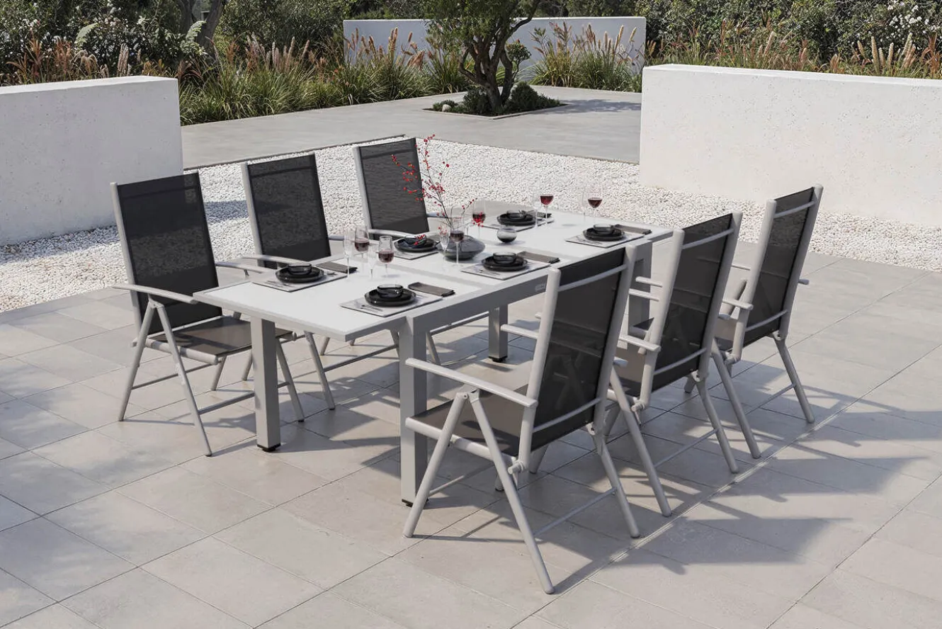 Villana Sylvania Garten-Essgruppe, 6 Personen, ausziehbarer Tisch 160–220 cm, Aluminium/Textil