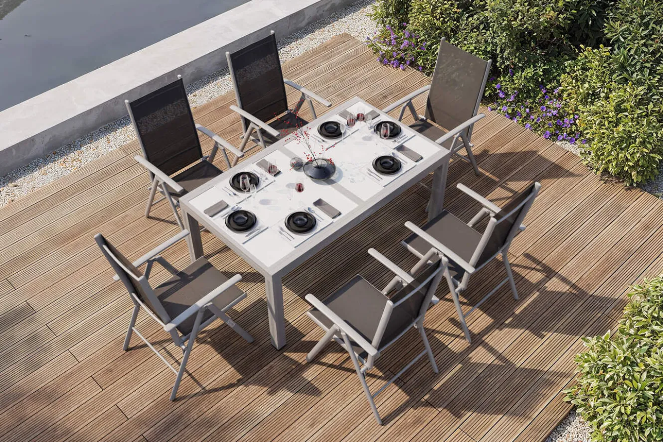 Villana Sylvania Garten-Essgruppe, 6 Personen, ausziehbarer Tisch 160–220 cm, Aluminium/Textil