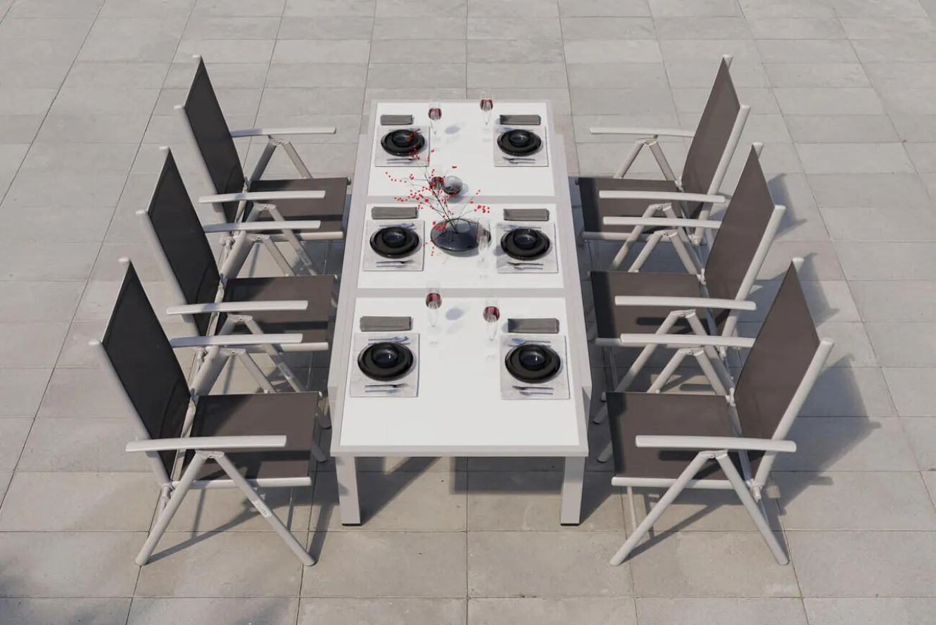 Villana Sylvania Garten-Essgruppe, 6 Personen, ausziehbarer Tisch 160–220 cm, Aluminium/Textil
