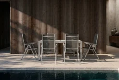 Villana Sylvania Garten-Essgruppe, 6 Personen, ausziehbarer Tisch 160–220 cm, Aluminium/Textil