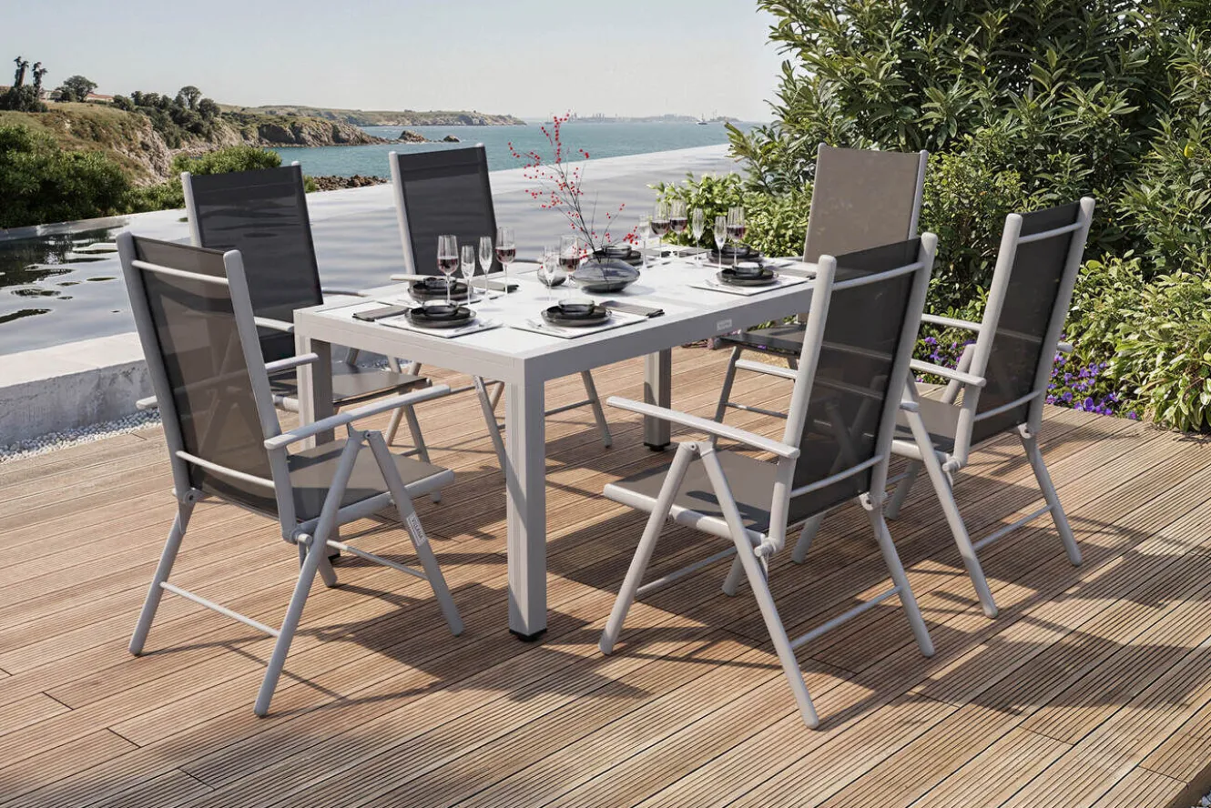 Villana Sylvania Garten-Essgruppe, 6 Personen, ausziehbarer Tisch 160–220 cm, Aluminium/Textil
