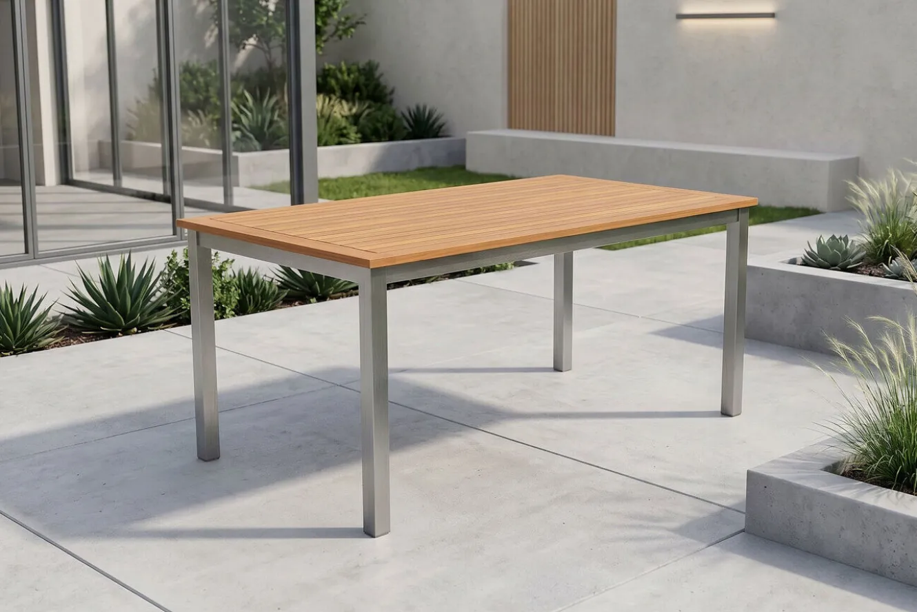 VILLANA Tasmania Esstisch, Silber/Natural, Aluminium/Eukalyptus, 150 x 90 cm, mit Fußkappen, hohe Belastbarkeit, FSC®-zertifiziertes Produkt