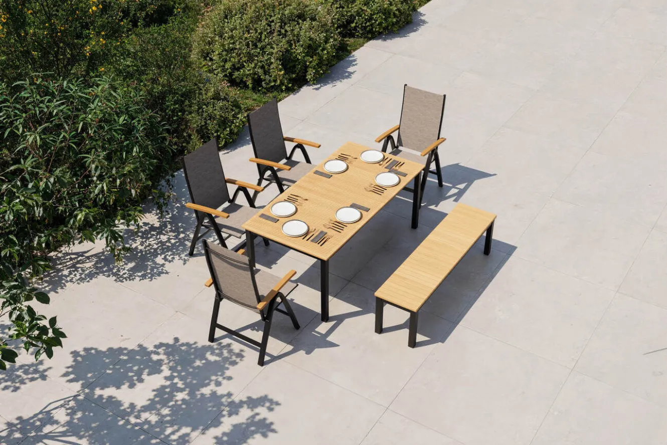 VILLANA Tasmania Garten-Essgruppe mit Bank und 4 Klappstühlen, anthrazit/natur, Aluminium/Eukalyptus, Tischplatte 180 x 90 cm, FSC®-zertifiziertes Produkt