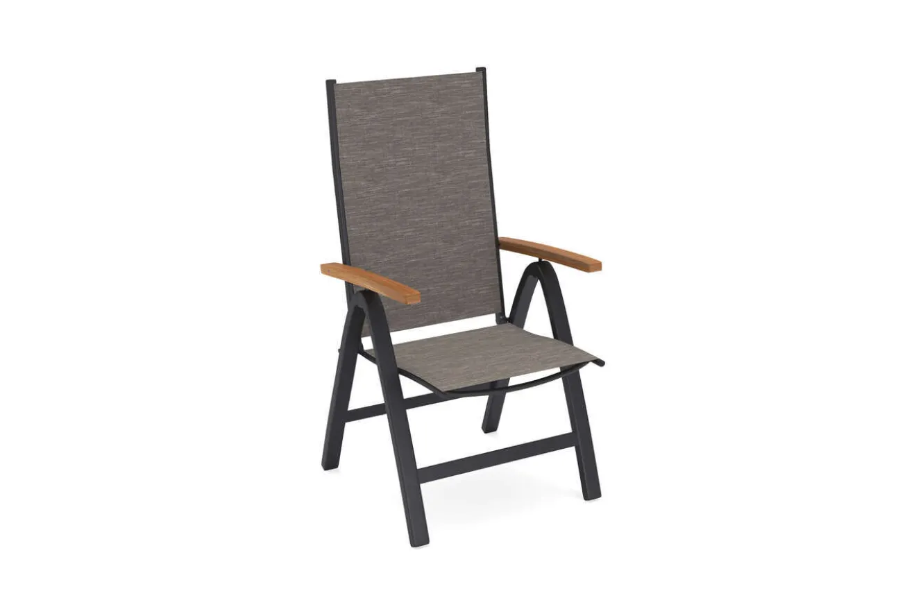 VILLANA Tasmania Garten-Essgruppe mit Bank und 4 Klappstühlen, anthrazit/natur, Aluminium/Eukalyptus, Tischplatte 180 x 90 cm, FSC®-zertifiziertes Produkt