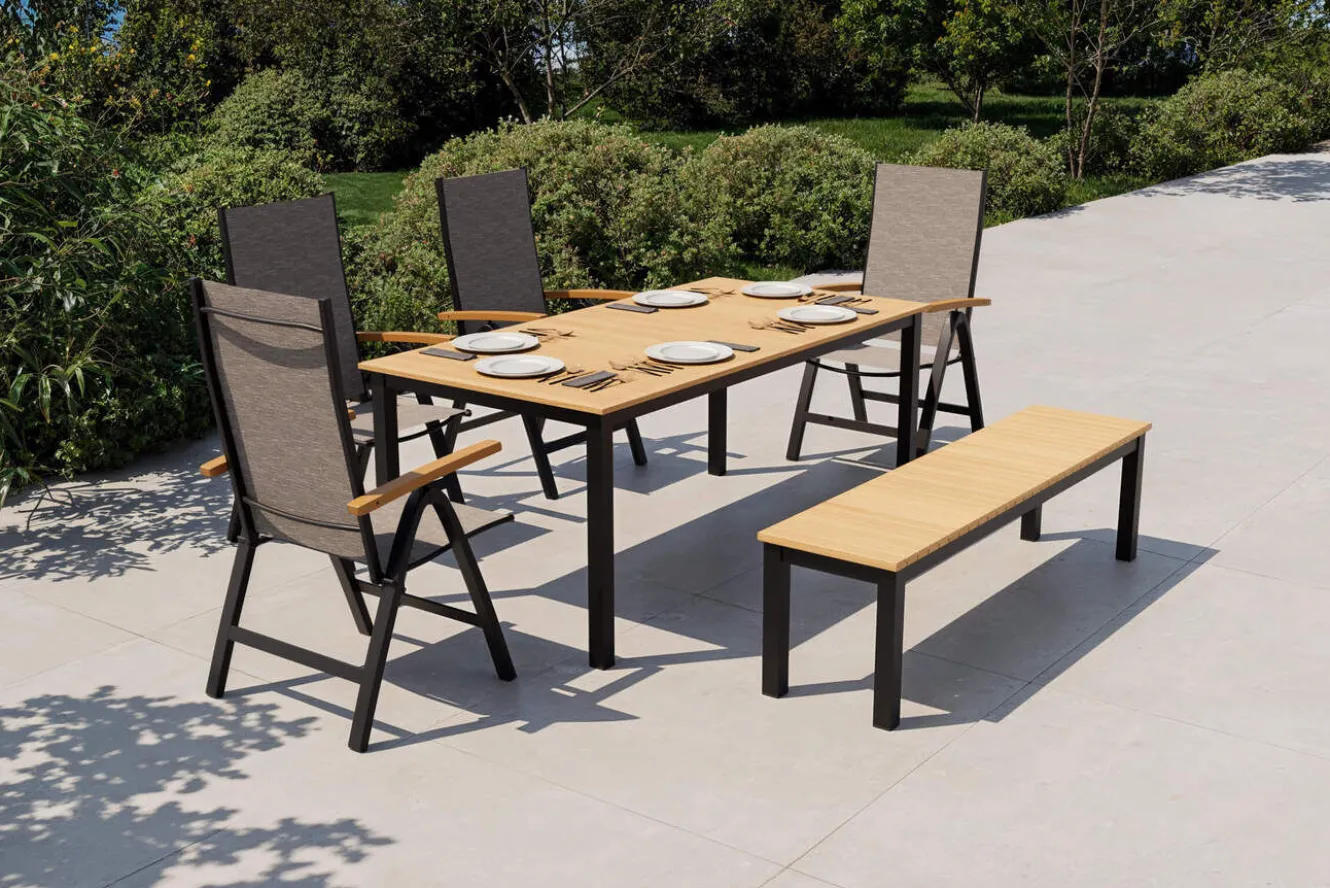 VILLANA Tasmania Garten-Essgruppe mit Bank und 4 Klappstühlen, anthrazit/natur, Aluminium/Eukalyptus, Tischplatte 180 x 90 cm, FSC®-zertifiziertes Produkt