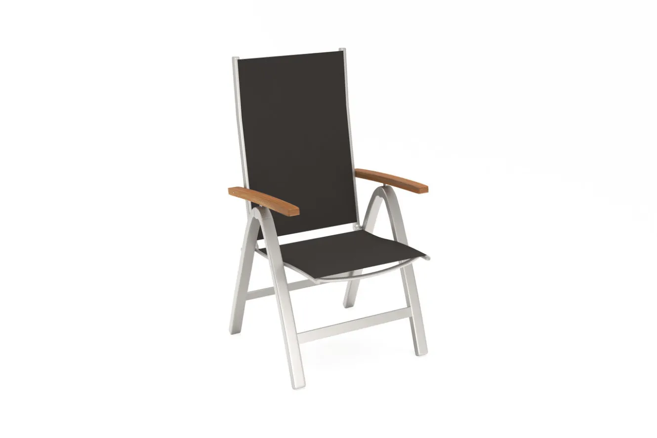 VILLANA Tasmania Garten-Essgruppe mit 6 Klappstühlen, silber, Alu / Eukalyptus / Textilene, Tisch 180 x 90 cm, FSC®-zertifiziertes Produkt