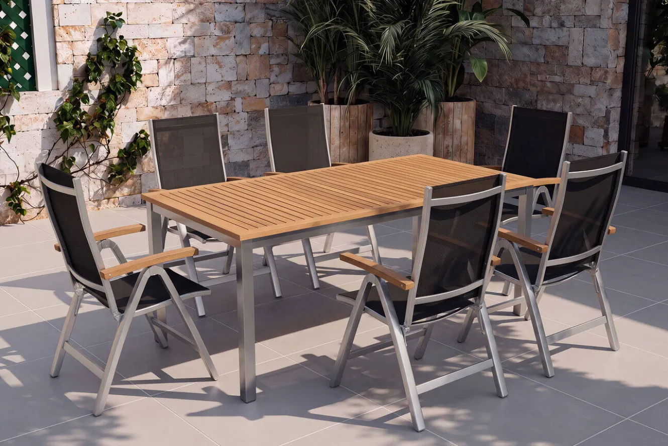 VILLANA Tasmania Garten-Essgruppe mit 6 Klappstühlen, silber, Alu / Eukalyptus / Textilene, Tisch 180 x 90 cm, FSC®-zertifiziertes Produkt