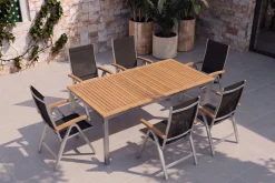 VILLANA Tasmania Garten-Essgruppe mit 6 Klappstühlen, silber, Alu / Eukalyptus / Textilene, Tisch 180 x 90 cm, FSC®-zertifiziertes Produkt