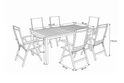 VILLANA Tasmania Garten-Essgruppe mit 6 Klappstühlen, silber, Alu / Eukalyptus / Textilene, Tisch 180 x 90 cm, FSC®-zertifiziertes Produkt