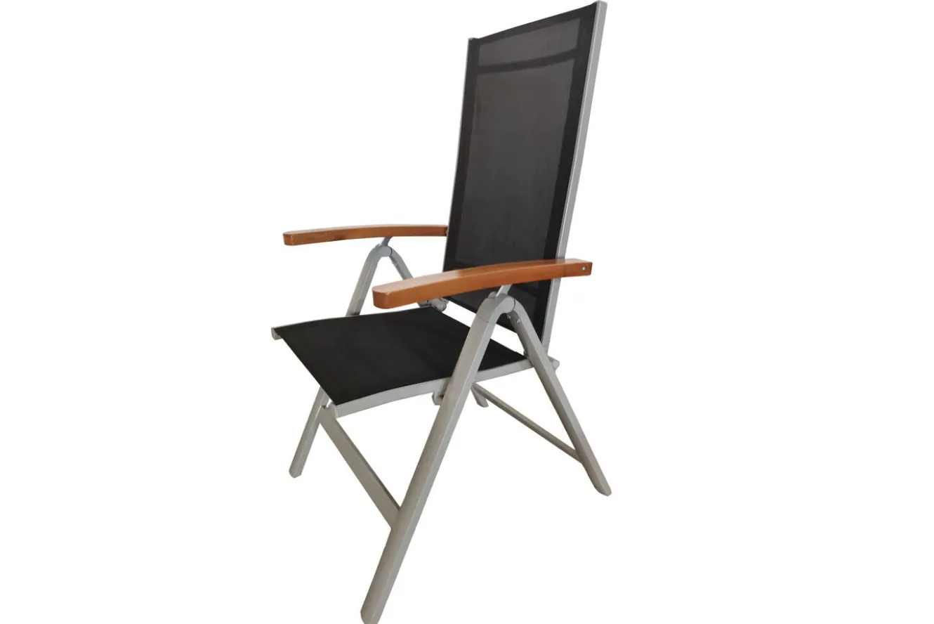 VILLANA Tasmania Garten-Essgruppe mit 6 Klappstühlen, silber, Alu / Eukalyptus / Textilene, Tisch 180 x 90 cm, FSC®-zertifiziertes Produkt