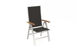 VILLANA Tasmania Garten-Essgruppe, silber, Alu / Eukalyptus / Textilene, Tisch 180 x 90 cm, 4 Klappstühle, FSC®-zertifiziertes Produkt