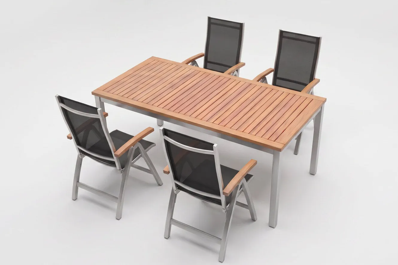 VILLANA Tasmania Garten-Essgruppe, silber, Alu / Eukalyptus / Textilene, Tisch 180 x 90 cm, 4 Klappstühle, FSC®-zertifiziertes Produkt
