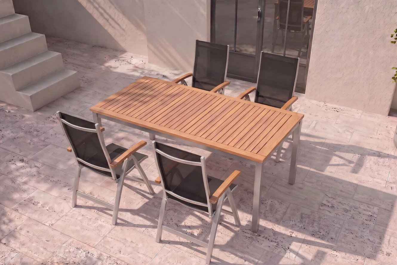 VILLANA Tasmania Garten-Essgruppe, silber, Alu / Eukalyptus / Textilene, Tisch 180 x 90 cm, 4 Klappstühle, FSC®-zertifiziertes Produkt