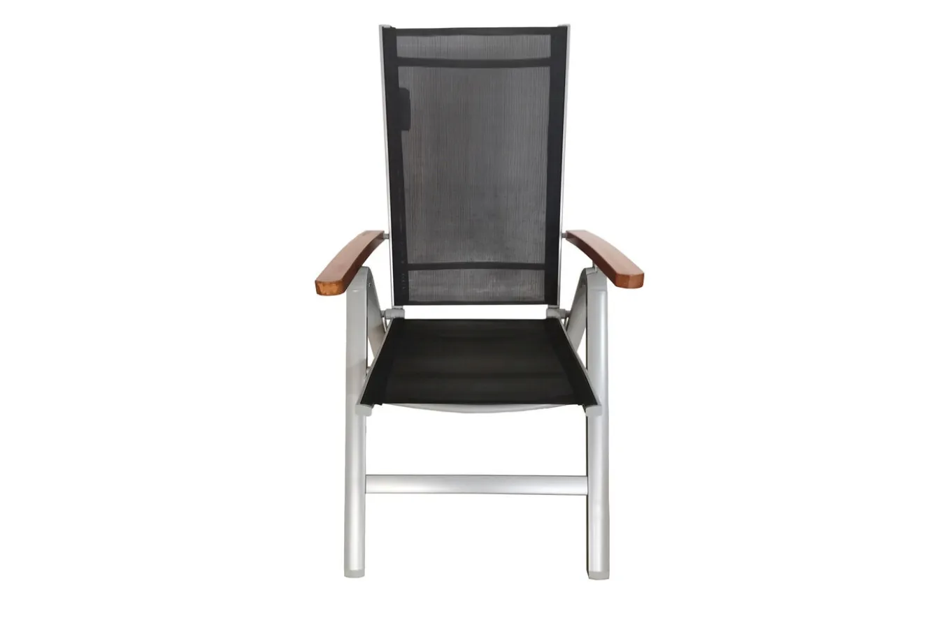 VILLANA Tasmania Garten-Essgruppe, silber, Alu / Eukalyptus / Textilene, Tisch 180 x 90 cm, 4 Klappstühle, FSC®-zertifiziertes Produkt