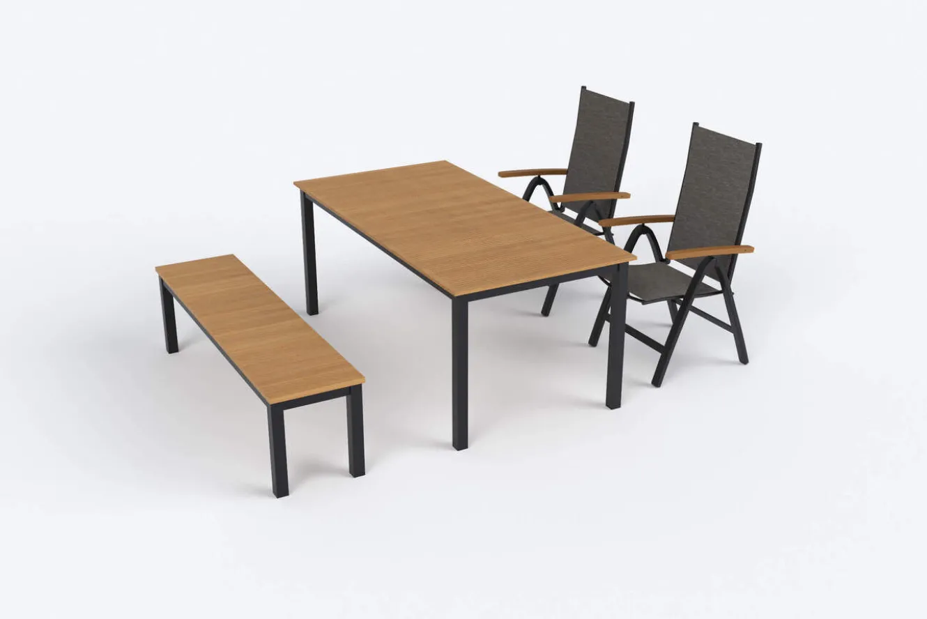 VILLANA Tasmania Garten-Essgruppe mit Bank und 2 Klappstühlen, anthrazit/natur, Aluminium/Eukalyptus, Tischplatte 180 x 90 cm, FSC®-zertifiziertes Produkt