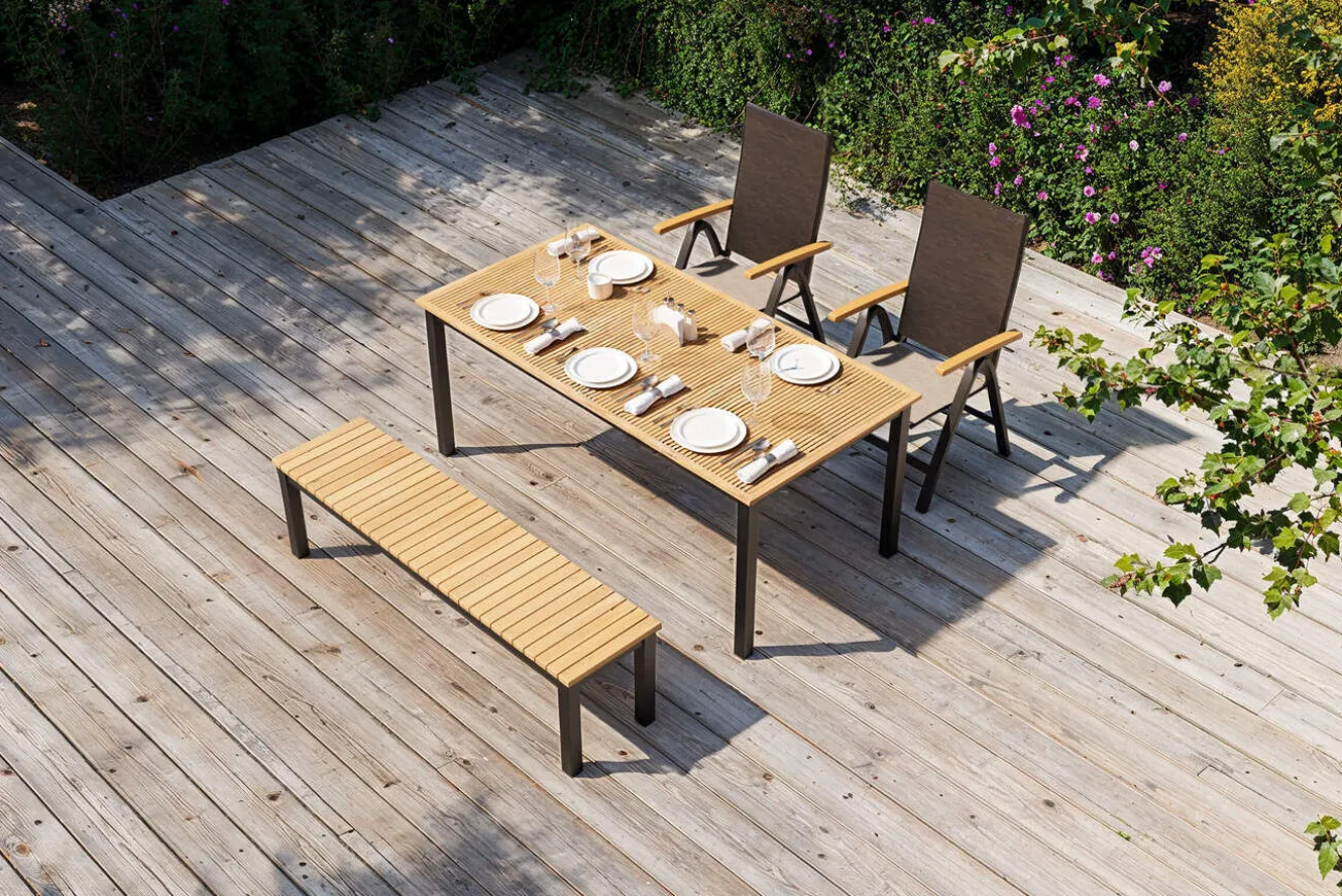 VILLANA Tasmania Garten-Essgruppe mit Bank und 2 Klappstühlen, anthrazit/natur, Aluminium/Eukalyptus, Tischplatte 180 x 90 cm, FSC®-zertifiziertes Produkt