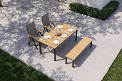 VILLANA Tasmania Garten-Essgruppe mit Bank und 2 Klappstühlen, anthrazit/natur, Aluminium/Eukalyptus, Tischplatte 180 x 90 cm, FSC®-zertifiziertes Produkt