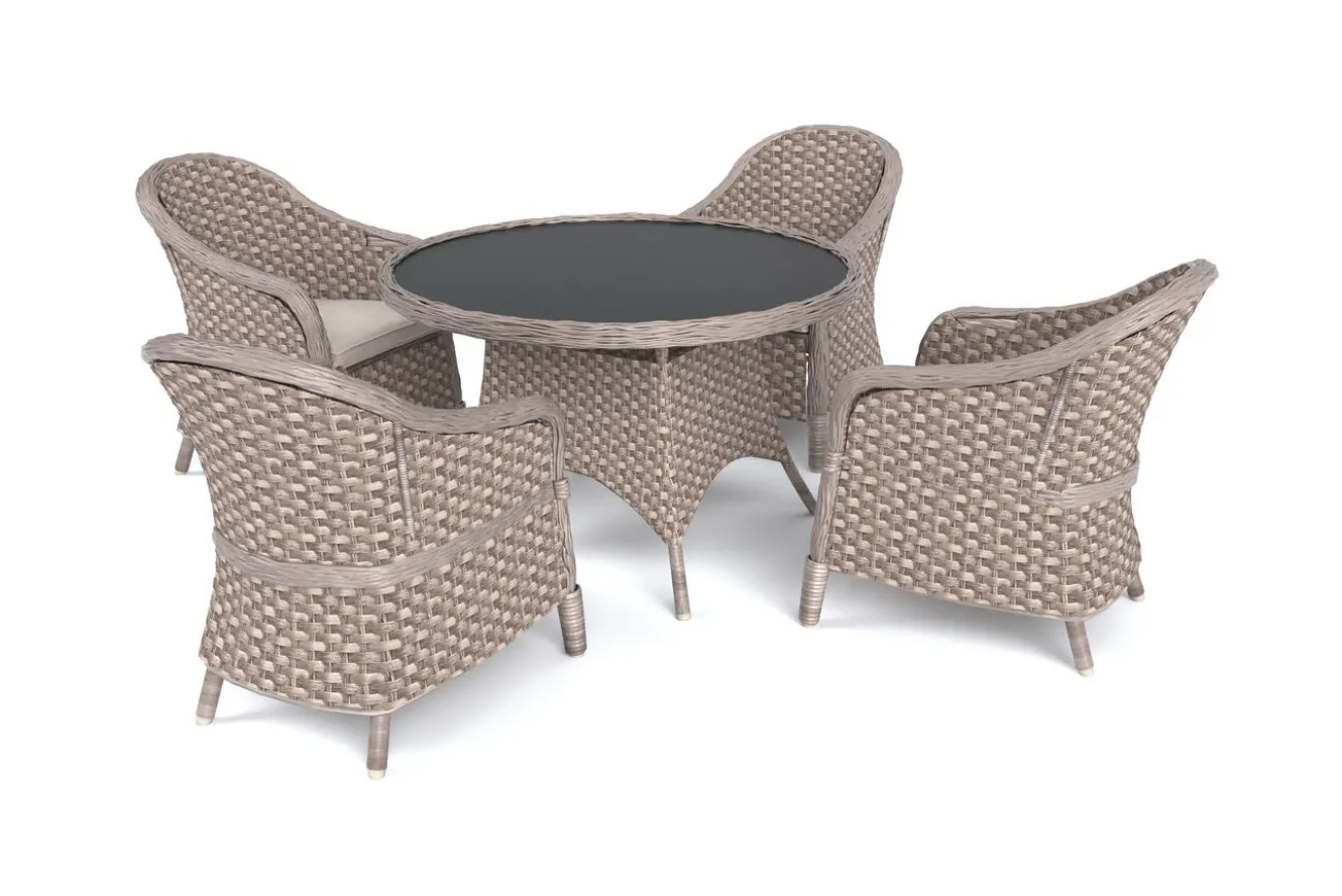 VILLANA Valento Garten-Essgruppe, natur/schwarz, Alu/Polyrattan, Tischplatte rund Ø120 cm, inkl. 4 Sessel