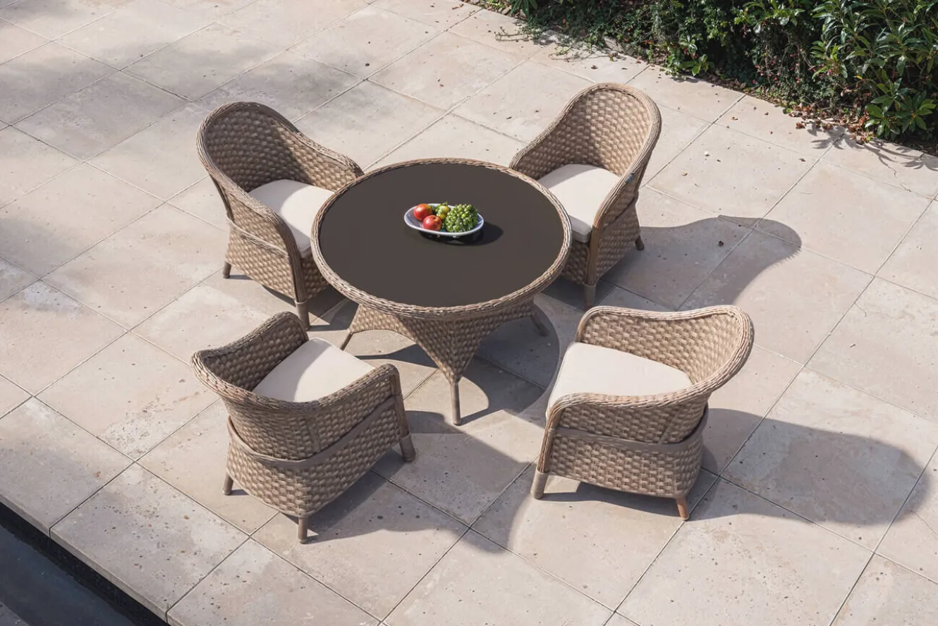 VILLANA Valento Garten-Essgruppe, natur/schwarz, Alu/Polyrattan, Tischplatte rund Ø120 cm, inkl. 4 Sessel