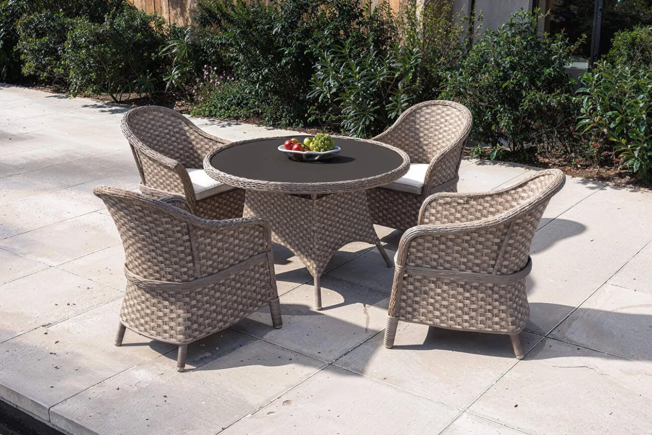 VILLANA Valento Garten-Essgruppe, natur/schwarz, Alu/Polyrattan, Tischplatte rund Ø120 cm, inkl. 4 Sessel